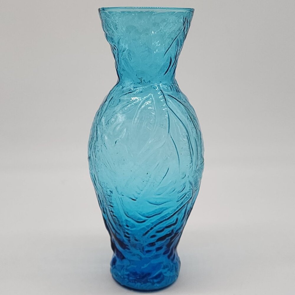 Vintage Ingrid Germany Blue Textured Glass Vase With Leaf Design 8-3/4'